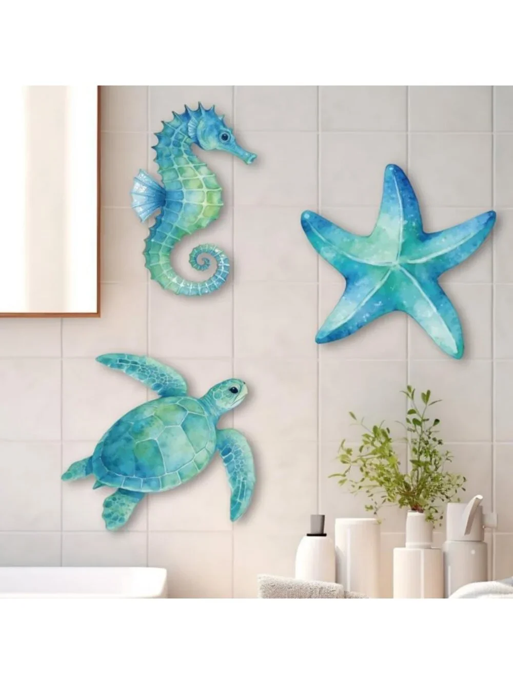 Seahorse Wall Decor Set - Ocean Sculptures, Blue Sea Turtle & Starfish Art for